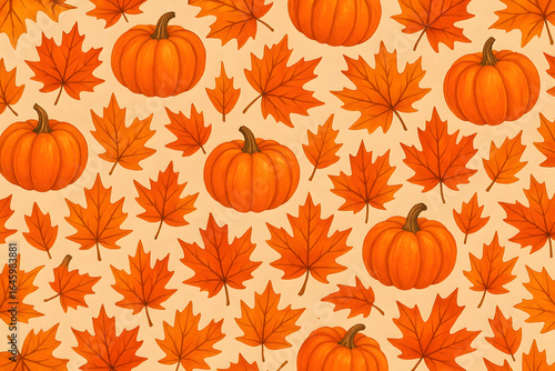 Autumn's Embrace: A vibrant tapestry of autumn, featuring pumpkins and maple leaves in shades of orange and gold, celebrating the season's beauty. 