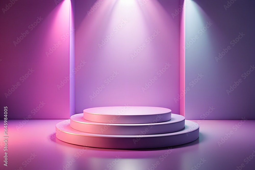 Fototapeta premium A multitiered circular podium on a stage, bathed in soft pink and purple spotlights, creating an elegant and modern presentation space