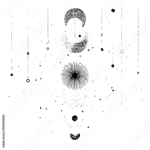 Celestial sun moon stars astrology mystic spiritual esoteric universe galaxy cosmos night sky phases design art vector