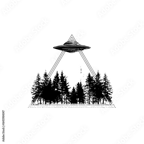 Ufo abduction in forest landscape with triangle beam and alien spaceship in the night sky vector design