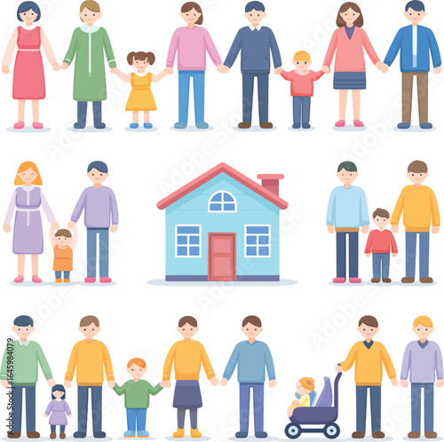 A vibrant collection of flat vector illustrations showcasing the beautiful diversity of modern family structures and the concept of loving homes, highlighting various relationships and dynamics.