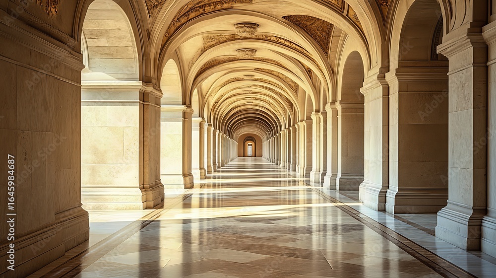 Obraz premium Archway Corridor. Sunlight streams through long arched hallway