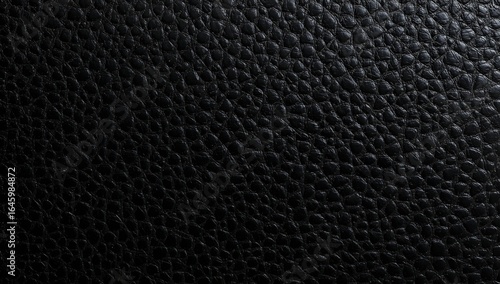 Close up of black leather with fine grain texture, emphasizing its smooth and luxurious quality.