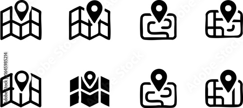 Set of Map and Location Pin Icons in Black and White Representing Navigation Travel and Direction Finding for Web and Mobile Applications 