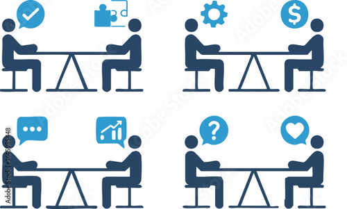 Business Meeting Icons Representing Problem Solving Teamwork Growth and Strategy Depicting Two Individuals Sitting at a Table Discussing Business Opportunities and Challenges