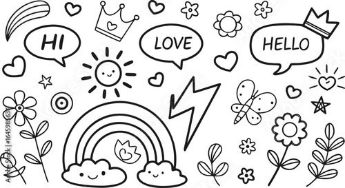 cute hand drawn doodle vector set, love, Natural , firework, cloud, weather, rainbow, snow, heart. a seamless doodle vector illustration filled with cute and playful hand-drawn elements in black outli