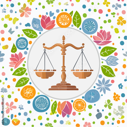 A Libra zodiac sign depicted within a vibrant floral and citrus wreath.