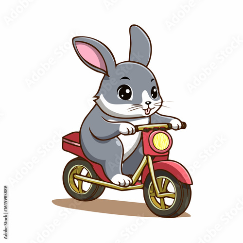 A cartoon rabbit joyfully rides a red motorcycle, tongue sticking out, on a white background.