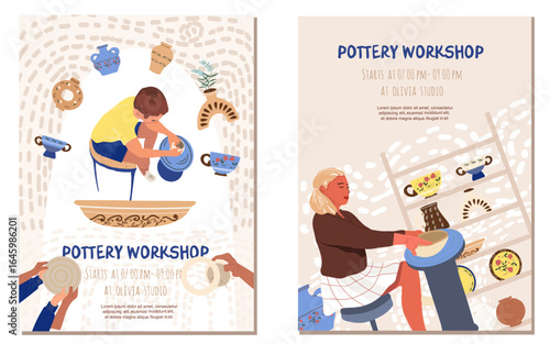 Pottery, workshop, ctramics flyer, cards set, in flat design. People in the creative process. Hand drawn vector illustration.