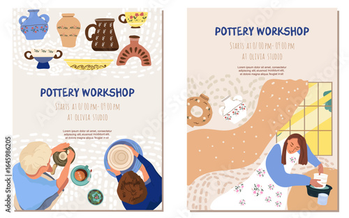 Pottery, workshop, ctramics flyer, cards set, in flat design. People in the creative process. Hand drawn vector illustration.
