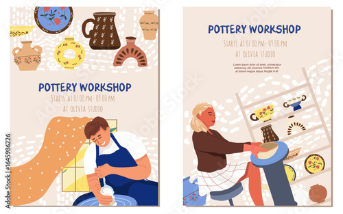 Pottery, workshop, ctramics flyer, cards set, in flat design. People in the creative process. Hand drawn vector illustration.