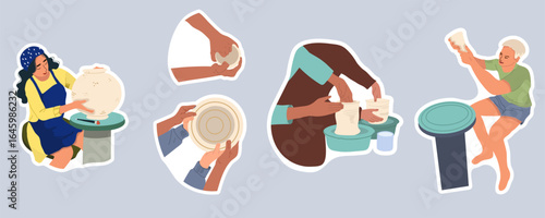 Clay crafting, characters, pottery stickers collection, set. Hand drawn doodle flat vector illustration.