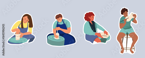 Clay crafting, characters, pottery stickers collection, set. Hand drawn doodle flat vector illustration.