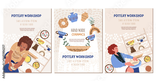 Pottery, workshop, ctramics flyer, cards set, in flat design. People in the creative process. Hand drawn vector illustration.