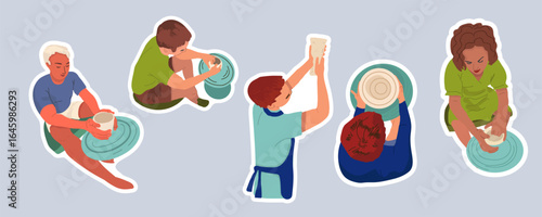 Clay crafting, characters, pottery stickers collection, set. Hand drawn doodle flat vector illustration.