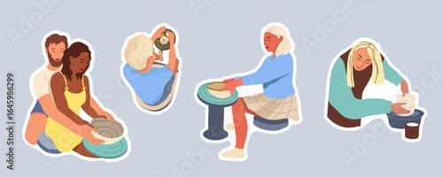 Clay crafting, characters, pottery stickers collection, set. Hand drawn doodle flat vector illustration.