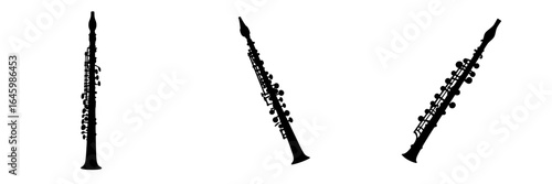 Oboe silhouettes displayed in three orientations highlighting details of the woodwind instrument's design