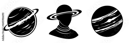 Celestial designs featuring planet Saturn and an astronaut figure in a creative black and white style