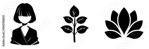 Stylish woman silhouette with plant and lotus symbols representing nature and tranquility