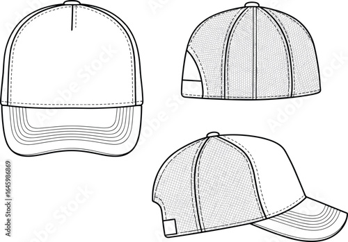 Vector fashion flat sketch of men’s and women’s trucker baseball cap in three views, mesh back, curved brim, black and white outline illustration