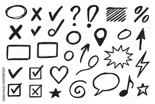 Rough brush pen doodle collection black and white hand drawn elements