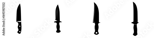 Knife silhouettes arranged in a row showcasing different styles and designs against a plain background