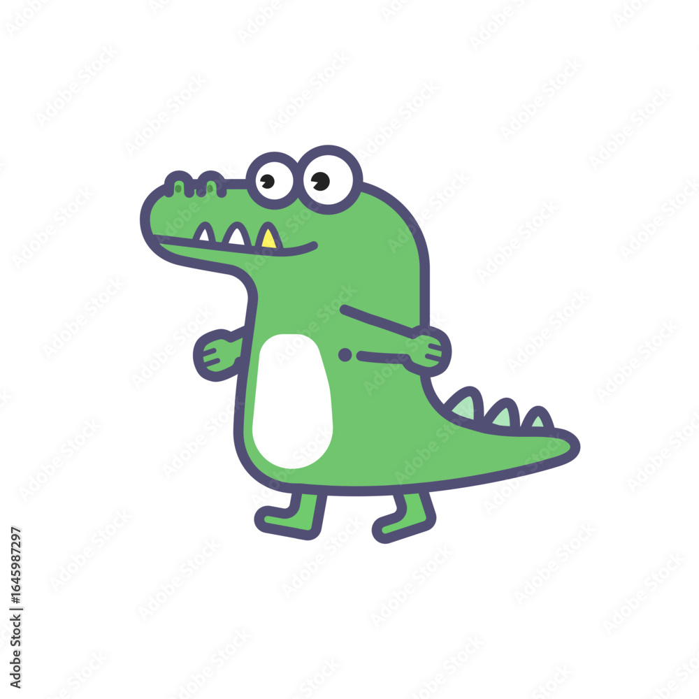 Naklejka premium Adorable green alligator character walking with a smile. Cute cartoon reptile mascot illustration for kids, isolated on white.
