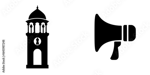Tower and megaphone symbolize communication and announcement in town square during a sunny day in early spring