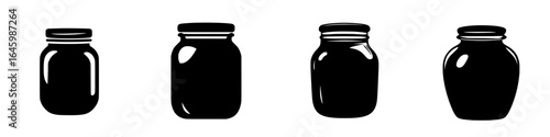 Black silhouette jars arranged in a row on a white background for design and illustration