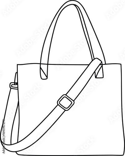 Minimalist black and white line drawing of tote handbag with shoulder strap, vector fashion accessory illustration, simple contour style, leather bag design outline
