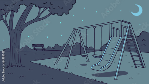 Nighttime playground scene with swings and slide under the moon and stars illustration vector art