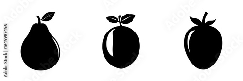 Fruit silhouettes against a white background highlighting pear, orange, and apple shapes in a minimalist style