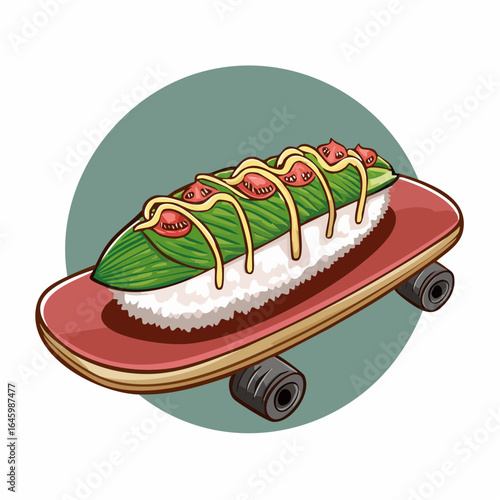 A creative illustration of sushi atop a skateboard, set against a teal circle.