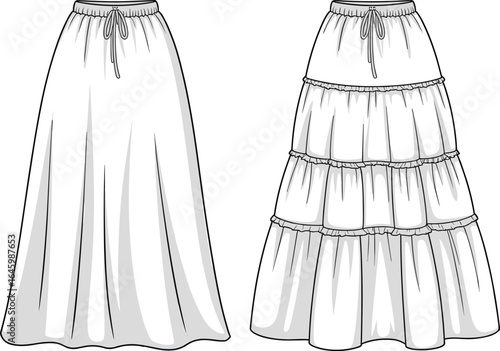 Fashion flat sketch of two long skirts, one plain maxi skirt and one tiered ruffle skirt, vector clothing illustration in black and white outline