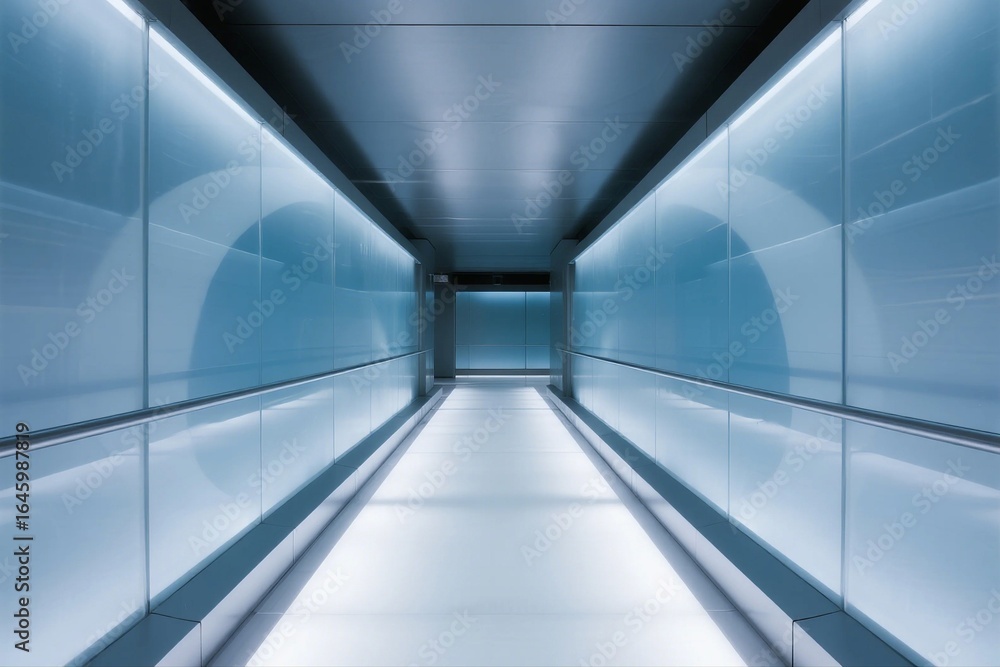 Obraz premium A sleek, modern glass corridor with LED lighting, featuring smooth surfaces and symmetrical perspective, exuding a futuristic and minimalist vibe.