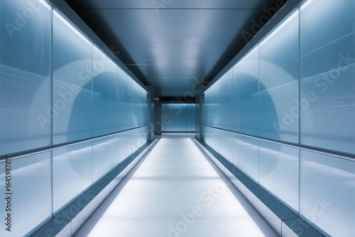A sleek, modern glass corridor with LED lighting, featuring smooth surfaces and symmetrical perspective, exuding a futuristic and minimalist vibe.
