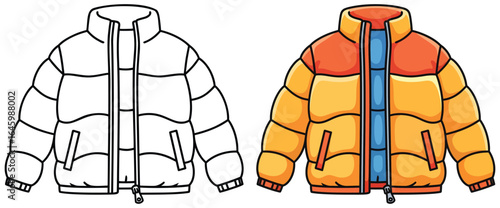 Puffer jacket vector illustration showing black and white outline and fully colored version of a warm winter coat with orange, yellow, and blue sections in a flat cartoon style