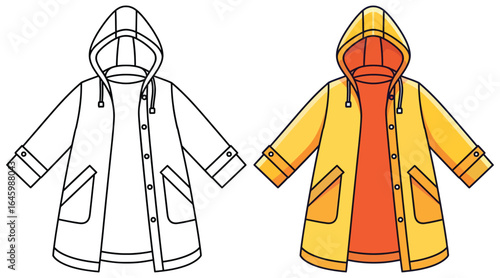 Raincoat vector illustration showing black and white outline and fully colored version of a hooded waterproof coat with bright yellow exterior and orange lining in a flat cartoon style