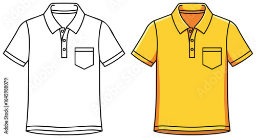 Polo shirt vector illustration showing black and white outline and fully colored version of a yellow collared shirt with short sleeves in a flat cartoon style