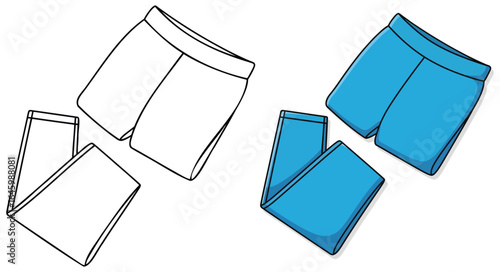 Kids shorts vector illustration showing black and white outline and fully colored version of folded blue casual bottoms in a soft cartoon style