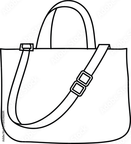 Black and white vector line drawing of handbag with shoulder strap, tote bag outline, fashion accessory illustration, simple design, minimal style, contour sketch
