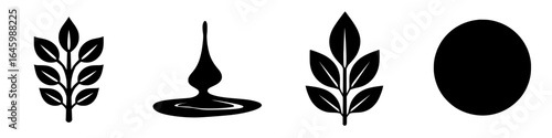 Design elements featuring leaves, a droplet, and a circular shape suitable for creative projects or branding
