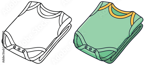 Baby bodysuit vector illustration showing black and white outline and fully colored version of a folded infant onesie with snap buttons and contrast trim