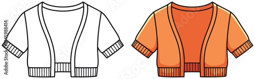 Cardigan vector illustration showing black and white outline and fully colored version of cropped open front knit design with short sleeves