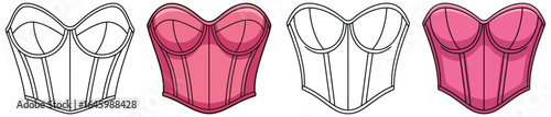 Corset vector illustration showing black and white outline and fully colored version of strapless fitted design with contoured boning structure