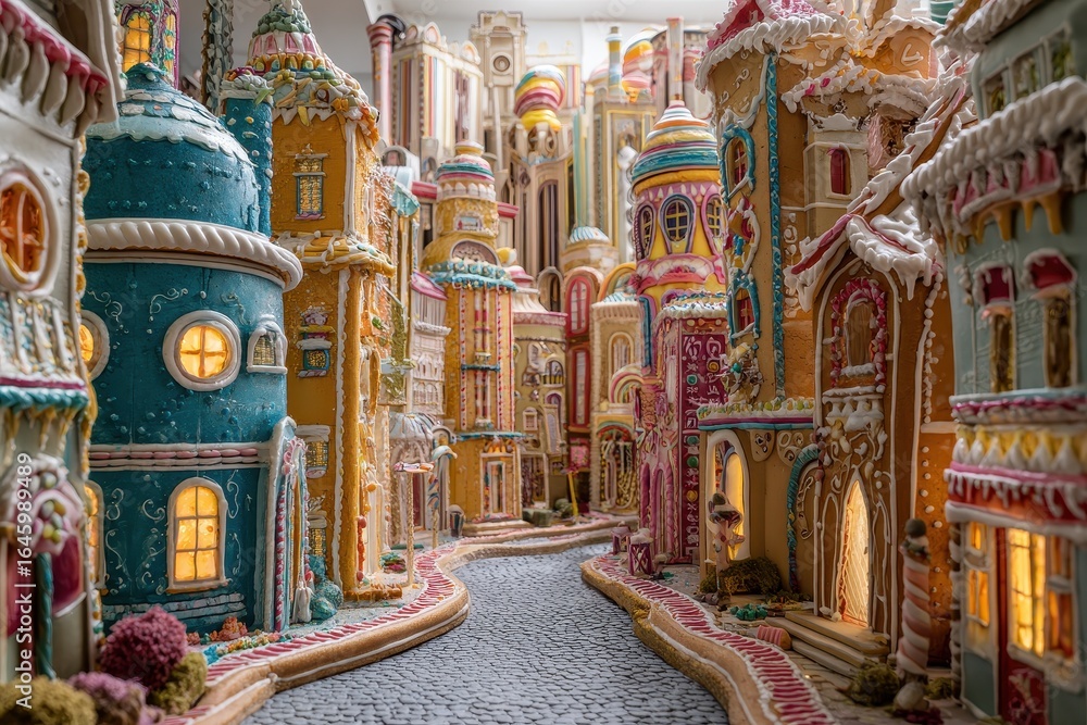 Fototapeta premium Elaborate Gingerbread Cityscape with Intricate Icing Details and Cobblestone Street