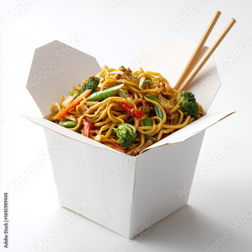 Delicious asian stir fry noodles in takeout container with chopsticks isolated on white background