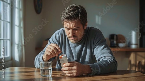 Middle-aged man reading medication box at kitchen table in daylight, candid home scene with glass of water, shallow depth of field, natural light, realistic intimate atmosphere, examines packaging