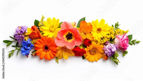 Wallpaper Mural Horizontal arrangement of colorful assorted flowers with green leaves on white background Torontodigital.ca