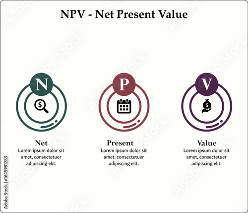 NPV - Net Present Value Acronym. Infographic template with icons and description placeholder